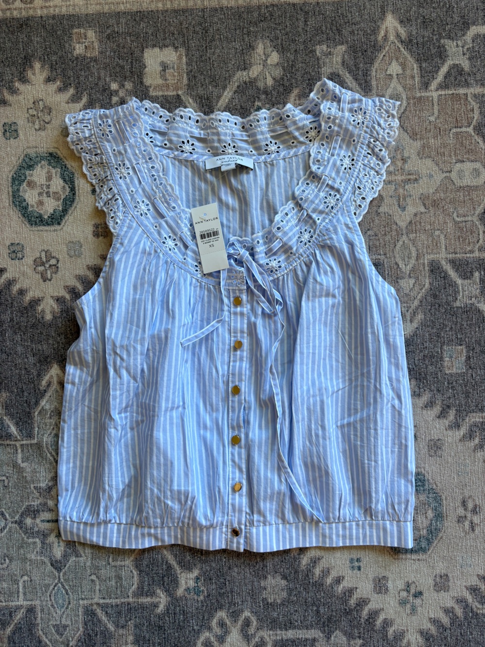 Ann Taylor Blue & White Striped Eyelet Tie-Front Blouse